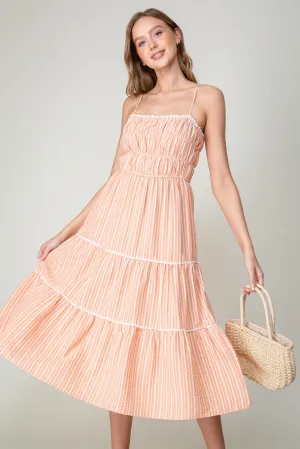 Orange Sleeveless Halter Neck Stripe Tiered Midi Dress