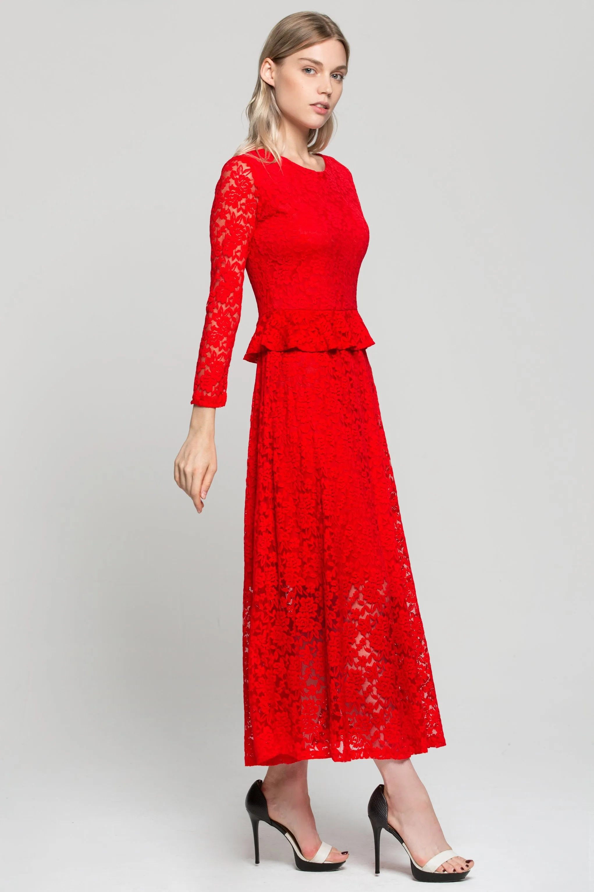 Red Floral Lace Peplum Maxi Dress