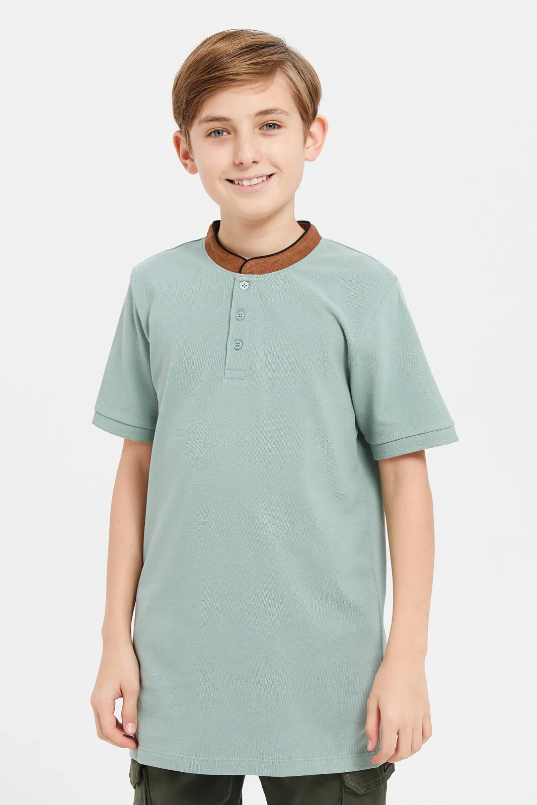 Senior Boys Mint Mandarin Collar Polo Shirt