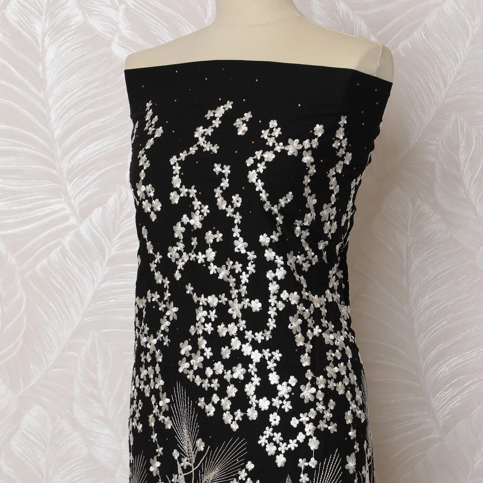 Sophisticated Black Blended Cotton Fabric with White Floral Embroidery - Last Piece of 3.0 Meters, 110 cm Width-D19782