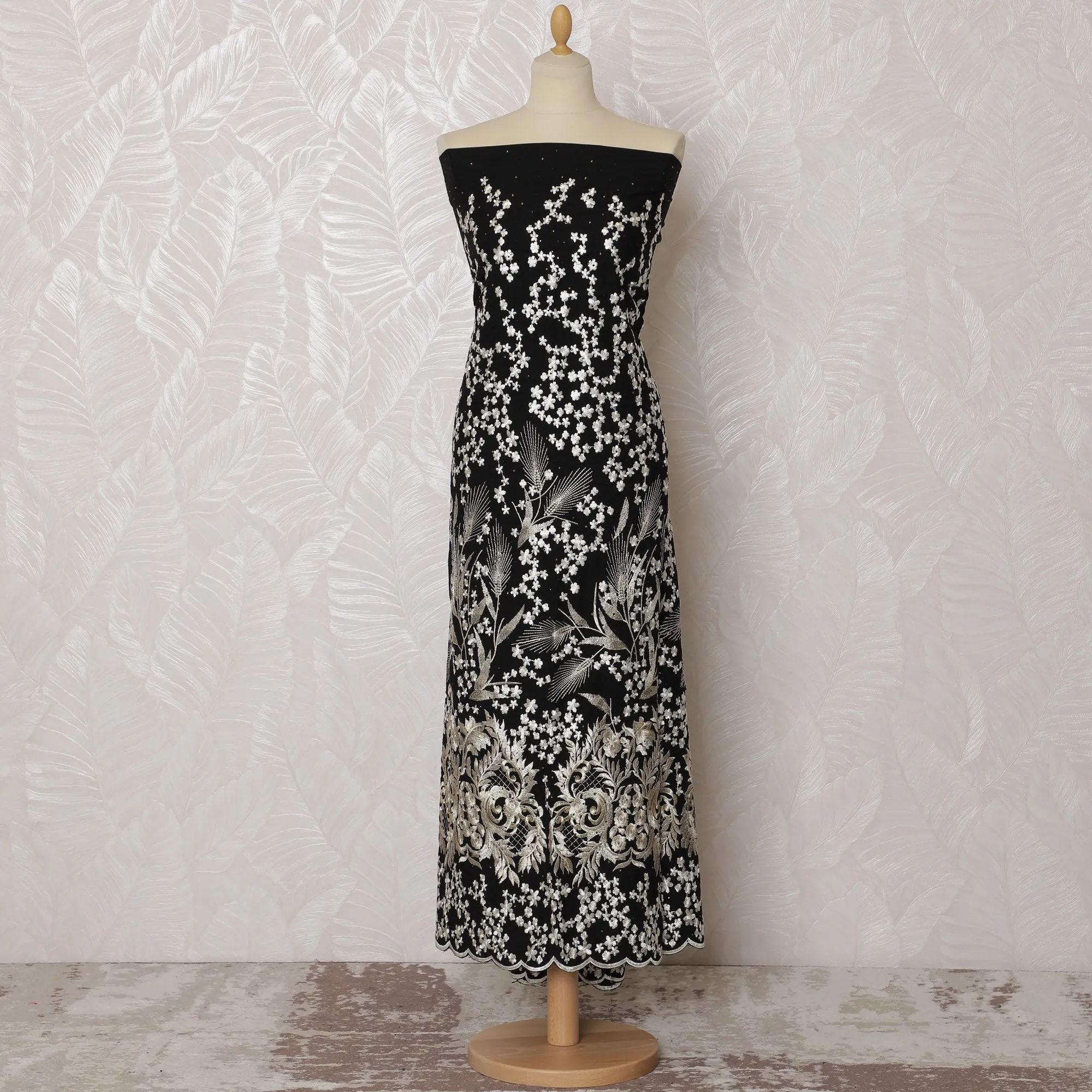 Sophisticated Black Blended Cotton Fabric with White Floral Embroidery - Last Piece of 3.0 Meters, 110 cm Width-D19782