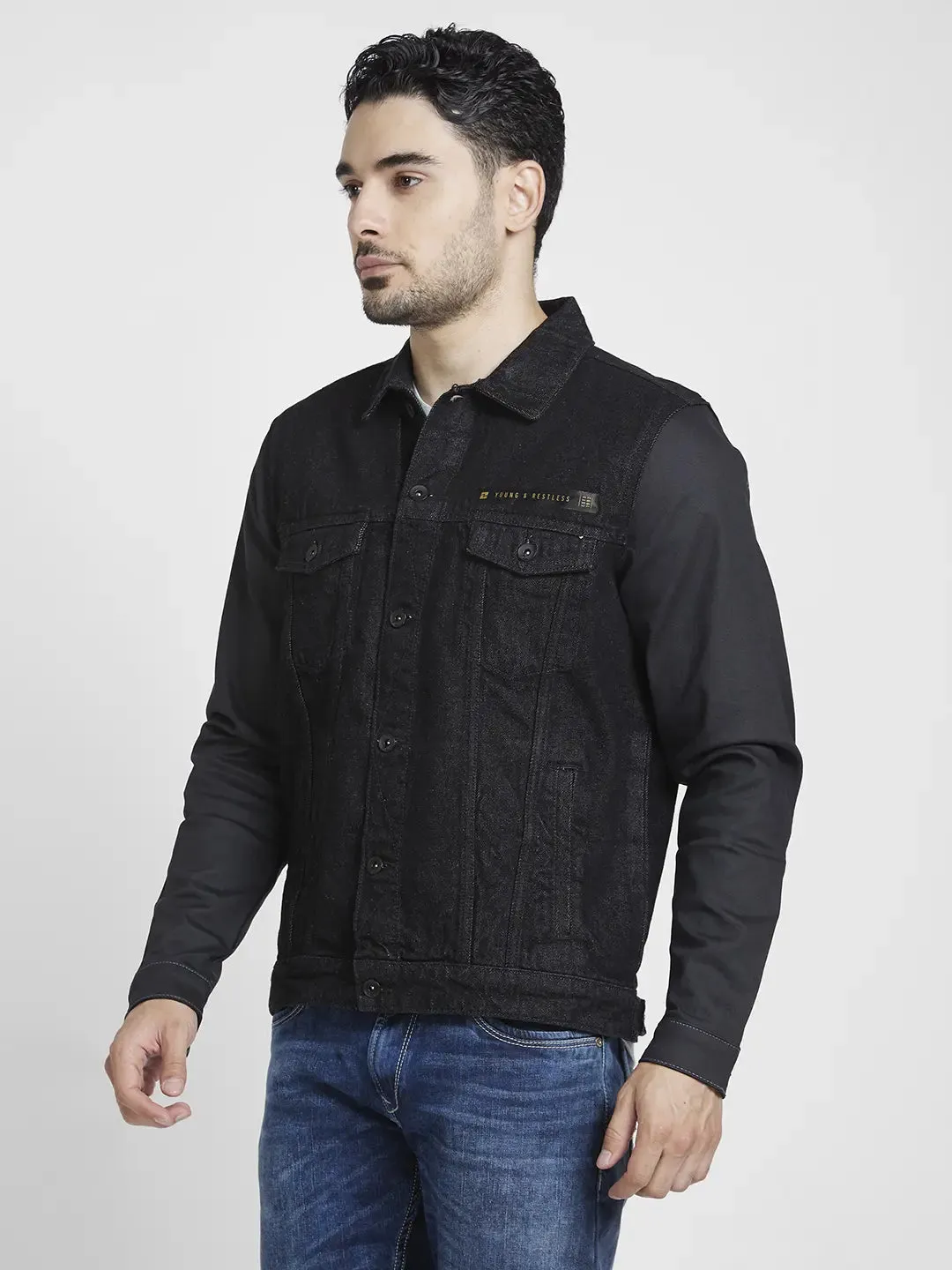 Spykar Men Black Cotton Regular Fit Denim Jacket