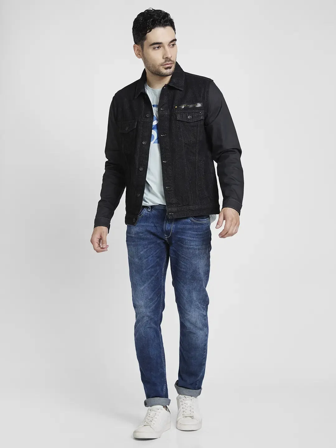 Spykar Men Black Cotton Regular Fit Denim Jacket