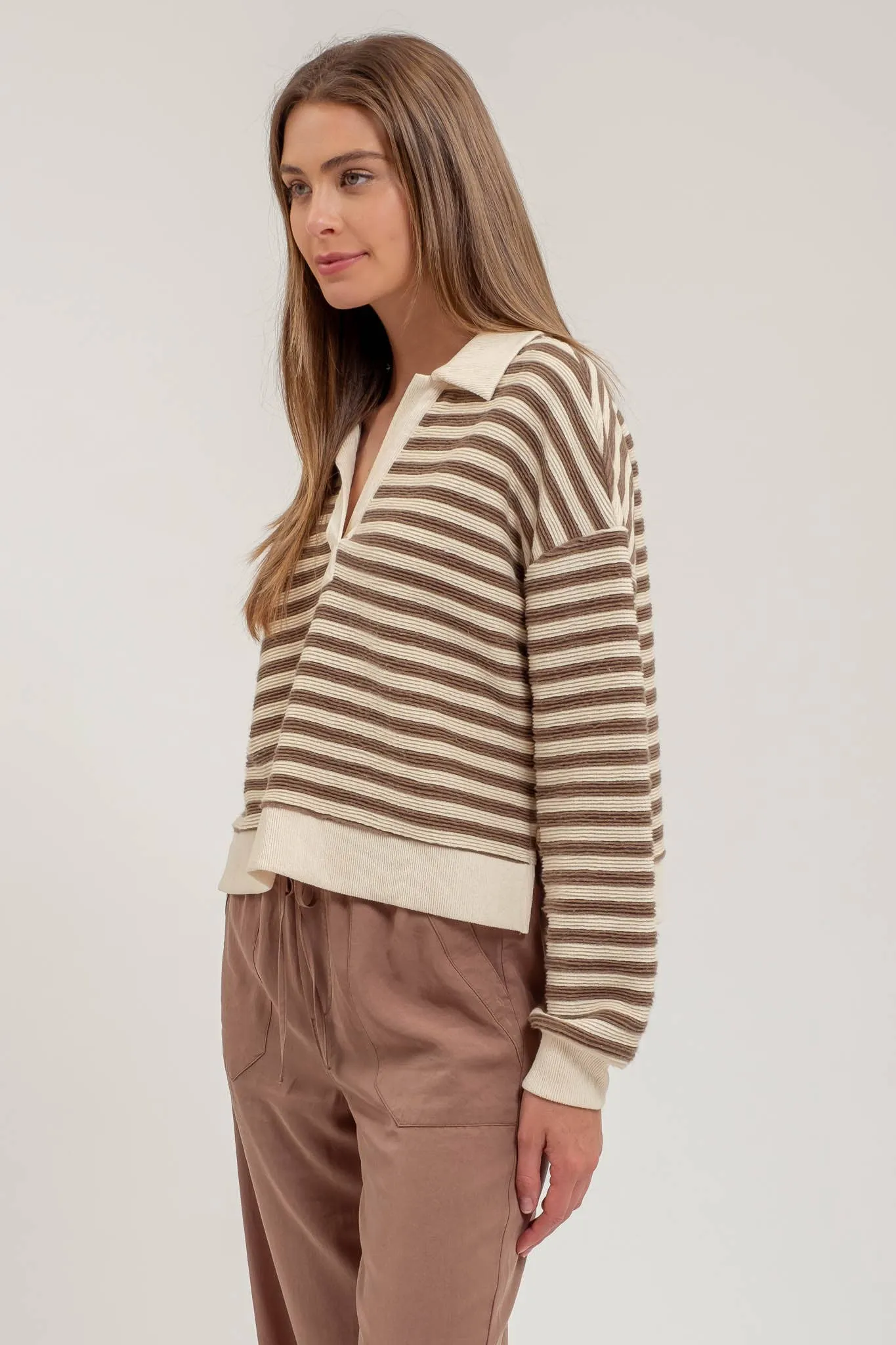 STRIPED COLLARED LONG SLEEVE POLO KNIT TOP