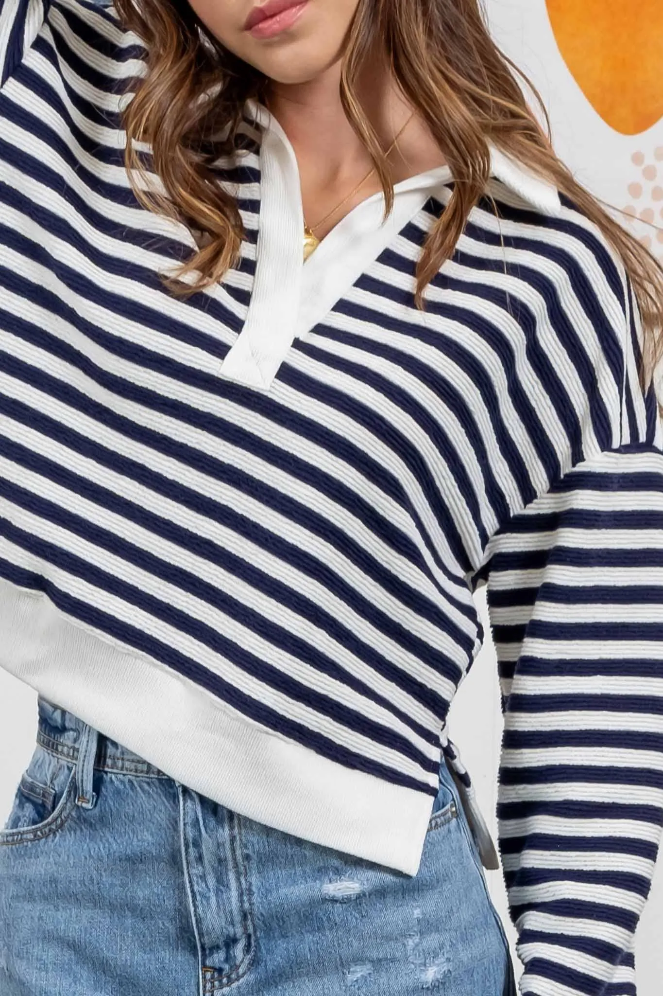 STRIPED COLLARED LONG SLEEVE POLO KNIT TOP