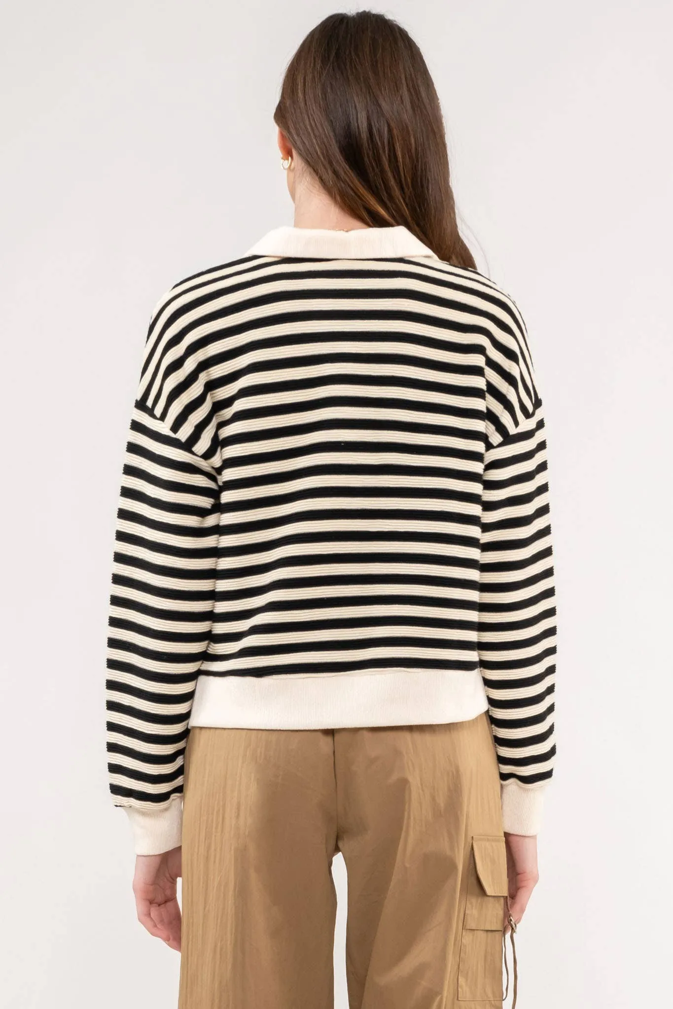 STRIPED COLLARED LONG SLEEVE POLO KNIT TOP