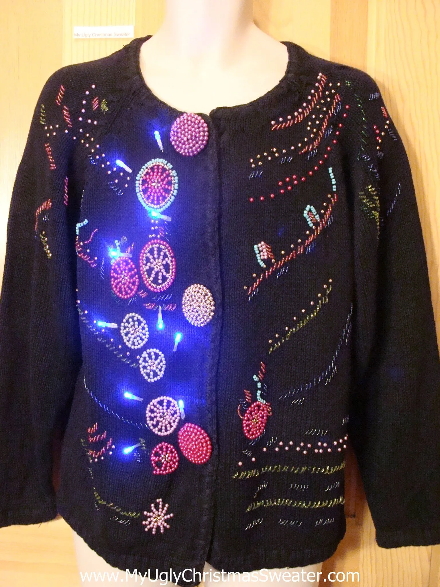 Tacky Light Up Christmas Sweater 80s Cardigan with Bead Bling