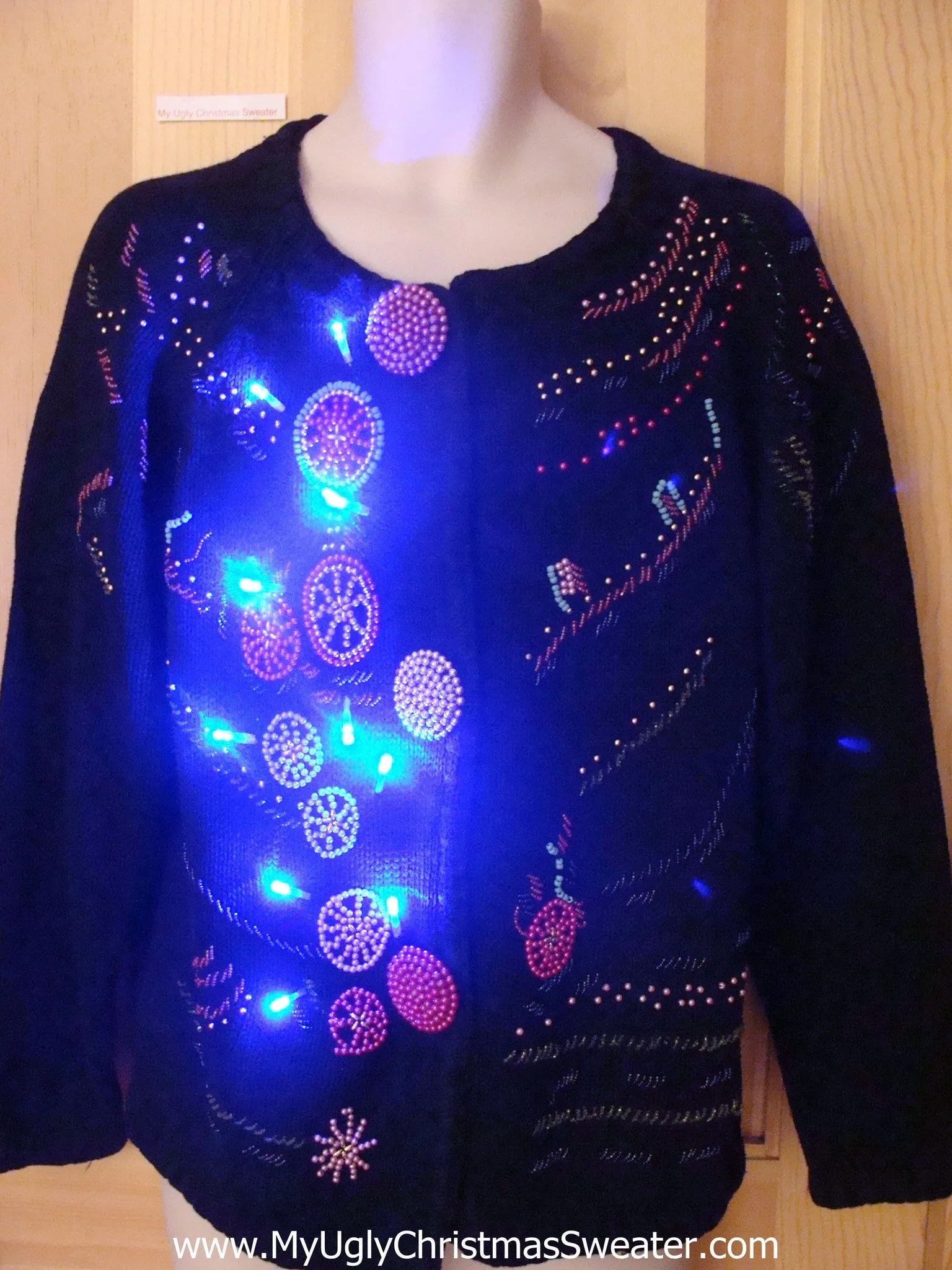 Tacky Light Up Christmas Sweater 80s Cardigan with Bead Bling