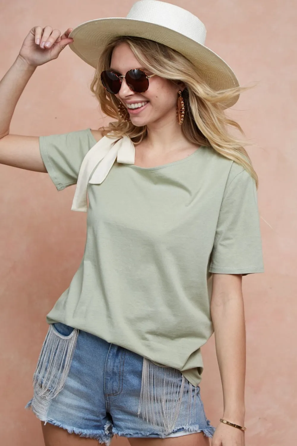 Tied Ribbon One Shoulder Short Sleeve T-Shirt