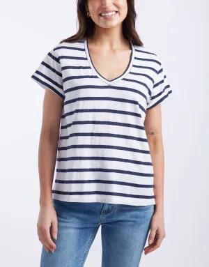 Turn Back V Neck T-Shirt - White/Navy Stripe