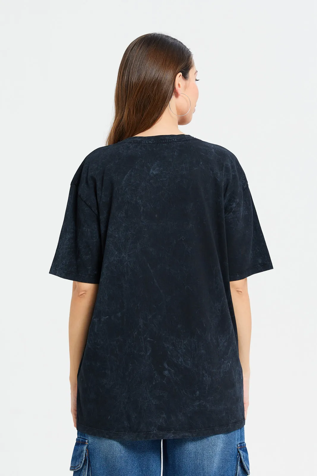 Women Black Printed Oversize Biker T-Shirt