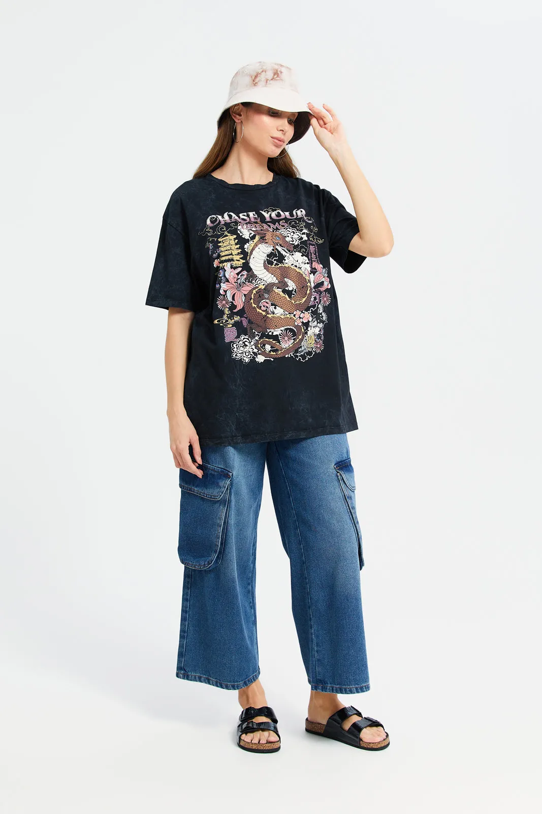 Women Black Printed Oversize Biker T-Shirt