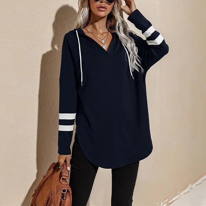 Women v neck stripe prined sleeve pullover hoodie sweatshirt