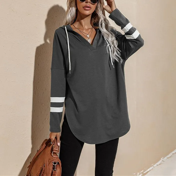 Women v neck stripe prined sleeve pullover hoodie sweatshirt