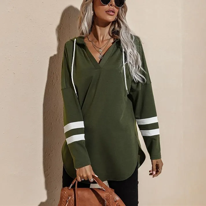 Women v neck stripe prined sleeve pullover hoodie sweatshirt