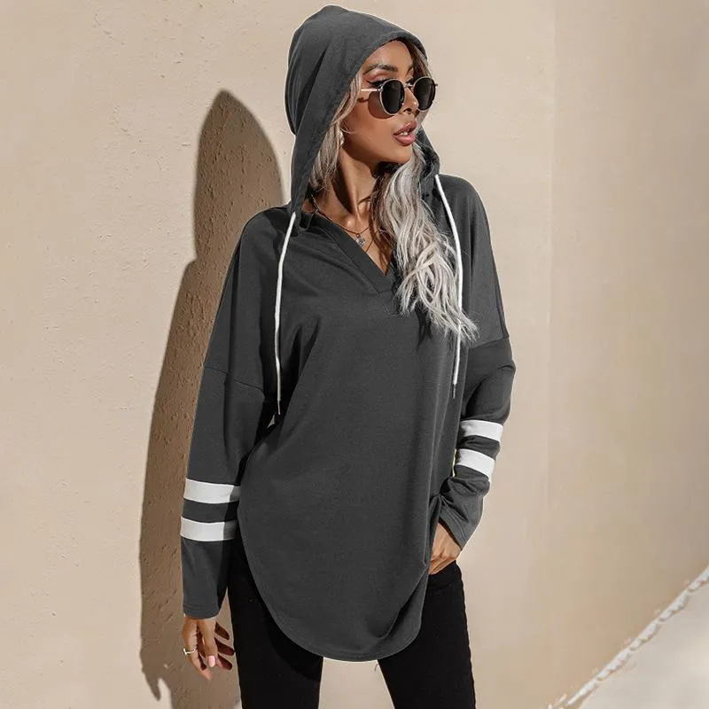 Women v neck stripe prined sleeve pullover hoodie sweatshirt